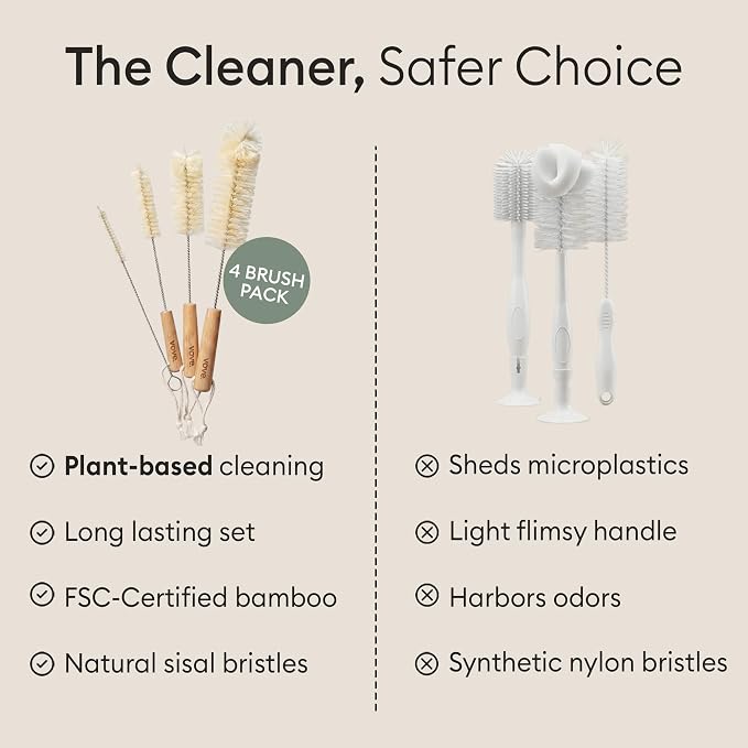 Vove Bottle Brush Set, 4 Natural Sisal Bottle Brushes with Long Bamboo Handles, Plastic-Free Bottle & Straw Cleaner Set, Zero Waste, Stainless Steel Wire, FSC Certified Bamboo, Kraft Packaging