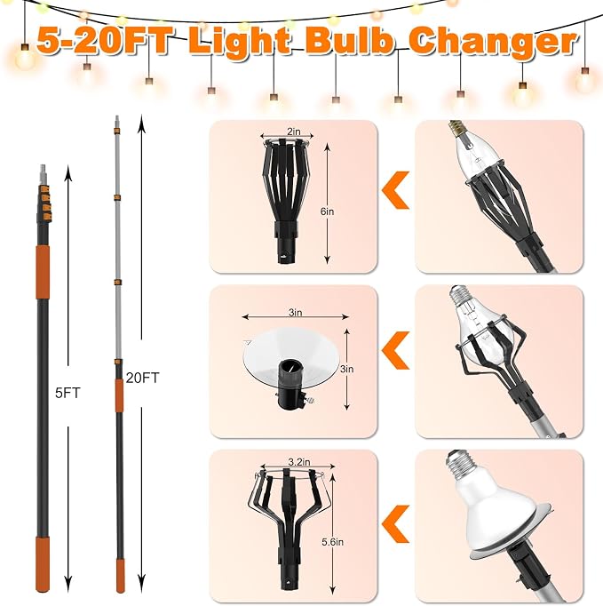 Buyplus 26FT Reach Light Bulb Changer for High Ceilings with 5-20FT Telescopic Extension Pole, Easy Flip-Tab Lock Bulb Changing Pole Extension with Basket and Suction Cup for Recessed Lights