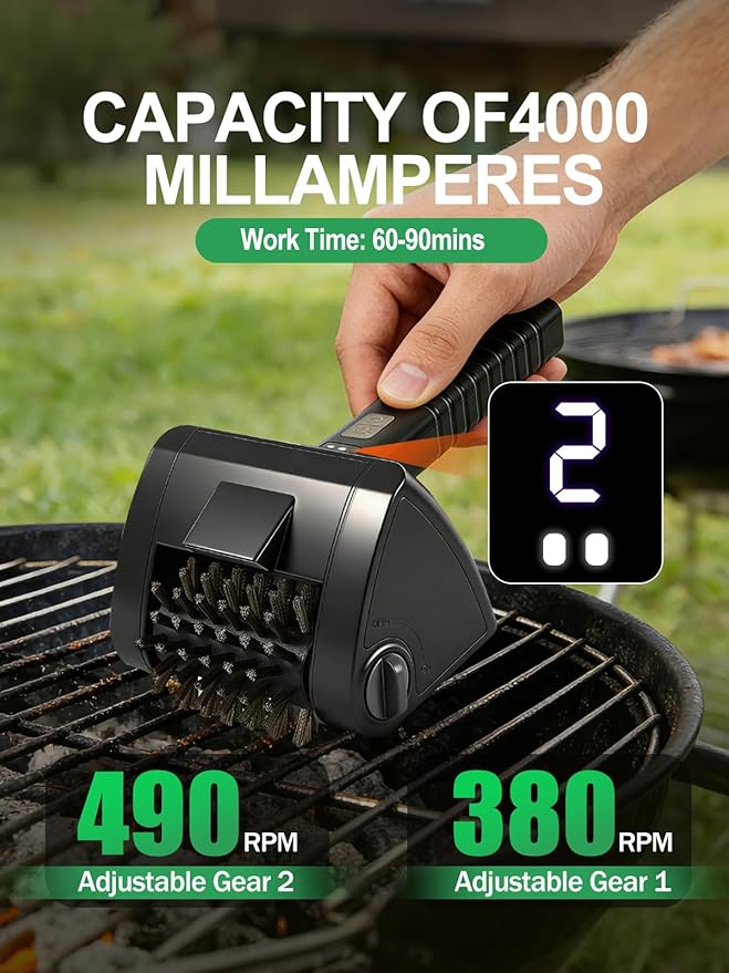 Electric Rotary Grill Brush for Outdoor Grill - Two Speed Automatic Cleaner with 304 Removable Stainless Steel Head, BBQ Grate & Outdoor Cordless Rechargeable Grill Cleaning Tool for BBQ, Home