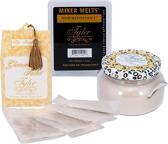 Elanze Designs Tyler Candle HIGH Maintenance Mixer Melts - 22 Ounce Glass Jar Candle - Laundry Scented Sachet Bundle; Set of 3