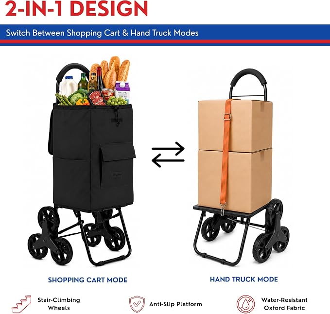 Shopping Cart, Super Loading Stair Climber 220 lbs Capacity, Grocery Foldable Trolley with Extra Large Shopping Bag Laundry Utility Cart with Adjustable Bungee Cord (Black)