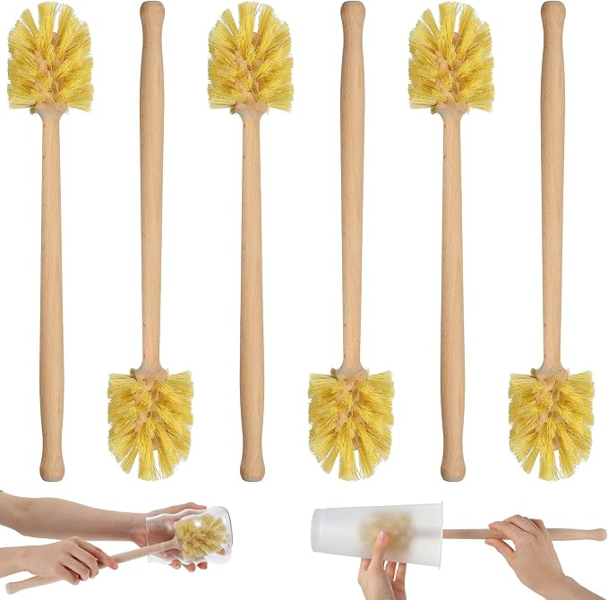 6 Pcs Natural Wooden Bottle Brush with Sisal Bristles, Long Beechwood Handle Bottle Brush Cleaner for Cleaning Bottles, Wide Mouth Mugs, Jars, Glasses, Dishes, Vases, Pitchers, 13.6 x 2.6 Inches