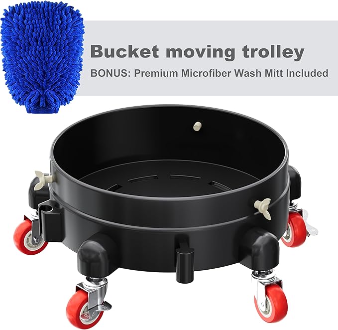 Heavy Duty 5 Gallon Bucket Dolly with 5 Swivel Casters, Anti-Tipping Rolling Water Bucket Stand for Car Detailing & Washing, 310 lbs Capacity, Includes Premium Microfiber Wash Mitt, Black