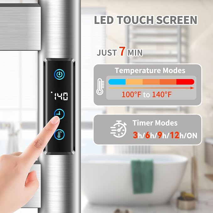 Heated Towel Rack for Bathroom, Towel Warmer with 10 Bar Flat Rack Large, Electric Hot Towel Rack Wall Mounted, LED Buit-in Timer, Plug-in, Stainless Steel, Fast Heating, Brushed Nickel