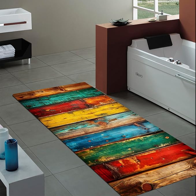 WODEJIA Non Slip Bath Rugs Sponge Foam for Bathroom,Flannel Mat Rug for Living Room, Absorbent MatS for Forlaundry Room and Kitchen, Colored Wooden Board Pattern Welcome Mat 47x18 Inches