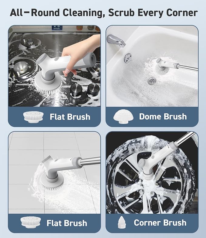 Electric Spin Scrubber, VEWIOR Shower Crubber Electric with Long Handle for Cleaning, IPX6 Waterproof Bathroom Scrubber with 3 Replaceable Brush Heads for Bathroom, Kitchen Cleaning
