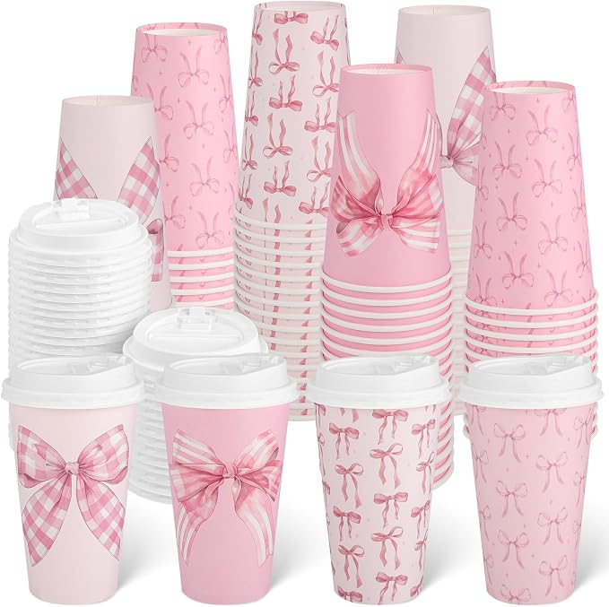 100 Pack Coquette Pink Bow Disposable Coffee Cups with Lids, 16 oz Valentine's Day Cute Bowknot Paper Cup Insulated Coffee Cup for Birthday Anniversay Baby Shower Bachelorette Party Supplies, 4 Styles