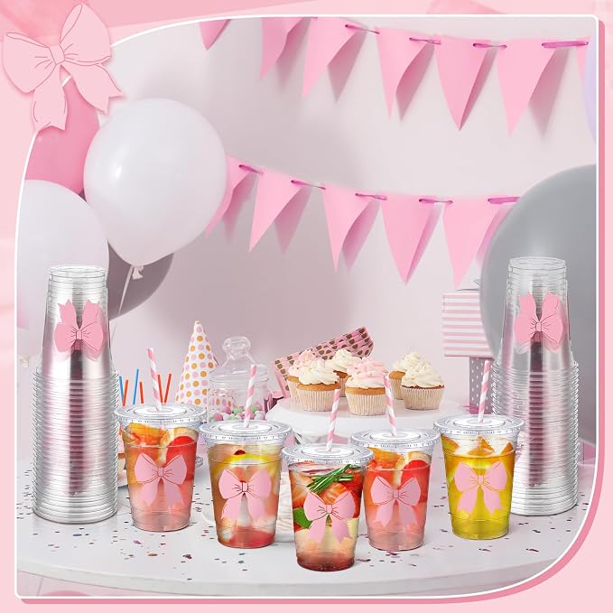 Sliner 25 Pcs 16 oz Coquette Disposable Plastic Cups with Straw for Party Supplies Bow Cups Birthday Wedding Bridal Engagement Party Drinkware Baby Shower Decoration (Pink Bow)