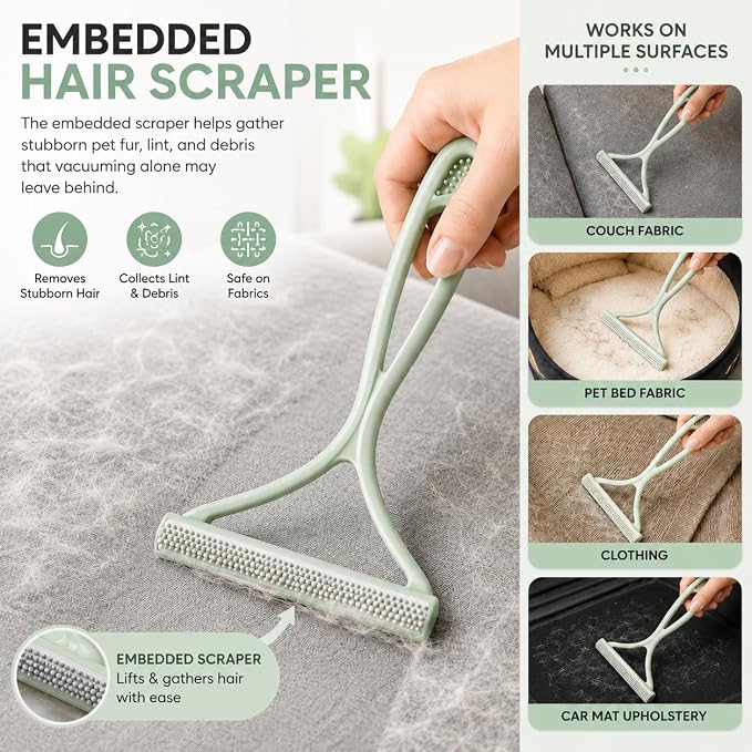 GOOGO Pet Hair Removal Kit, Black Carpet Rake and Scraper | Designed for daily fur pickup on carpets, upholstery, pet beds and car mats, with a long handle rake, scraper and glove.