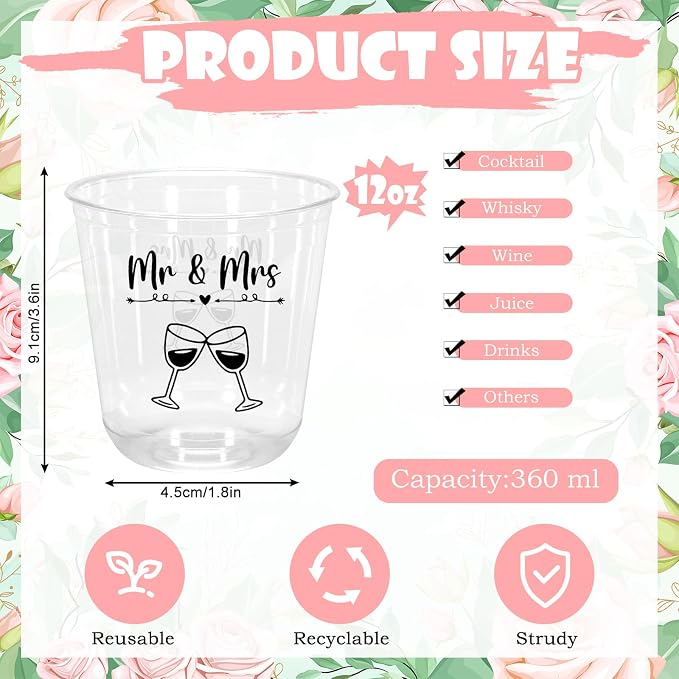 JarThenaAMCS 60Pcs Wedding Disposable Stemless Wine Glasses 12 oz Mr and Mrs Clear Plastic Cocktail Cup PET Drinkware Cups Set for Wedding Bridal Shower Party Supplies