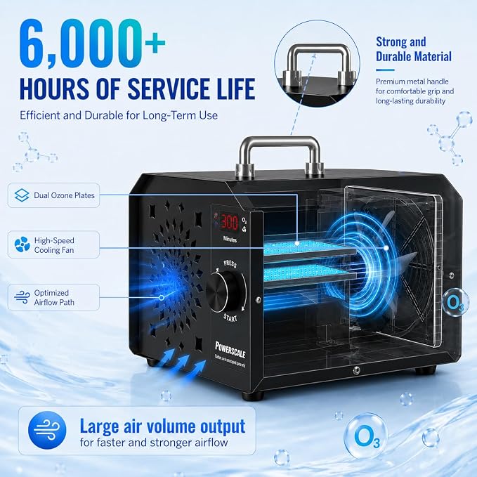 Powerscale OZB2 Commercial Ozone Generator 150,000mg/h for Airbnb Turnovers, Cleaning Business & Large Spaces — Industrial Ozone Machine Odor Removal, Air Purifier for Homes, Offices, Black
