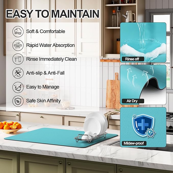 Ecotrim - Dish Drying Mat for Kitchen Counter | Coffee Bar Mat for Countertops | Heat Resistant Drainer Mat with Non-slip Rubber Backed | Hide Stain Kitchen Absorbent Draining Mat | Turquoise 18"x24"