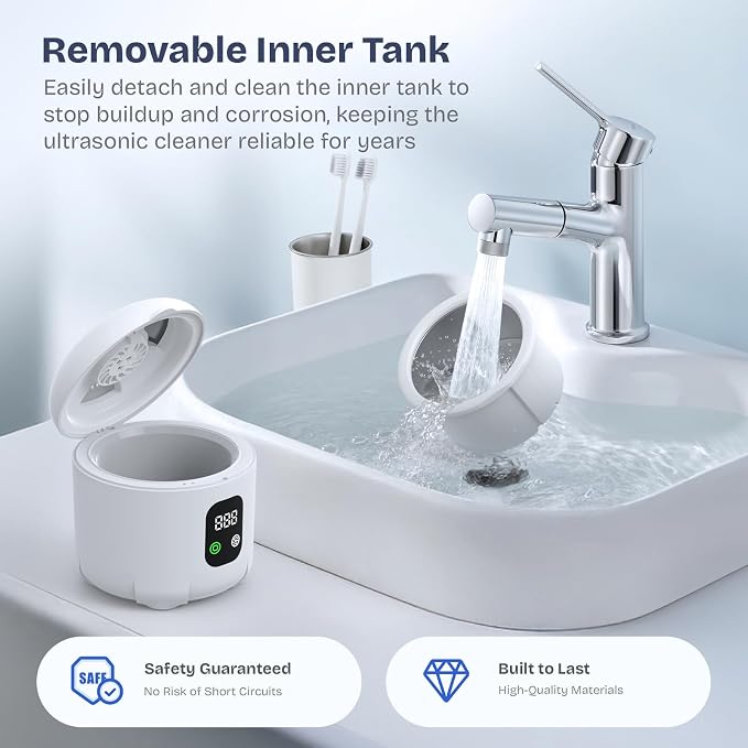 2025 Ultrasonic Retainer Cleaner- 45KHz 25W Portable Denture Cleaner with Drying Function and Removable Inner for Dentures, Mouth Guards, Aligners, Jewelry and More