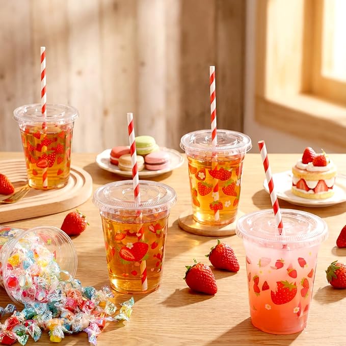 FoldTier 100 Pcs Plastic Strawberry Cups with Lids and Straws 12 oz, Strawberry Party Decoration Disposable Clear Drinking Cups for Baby Shower Berry Fruit Sweet 1st Birthday Shortcake Party Favor
