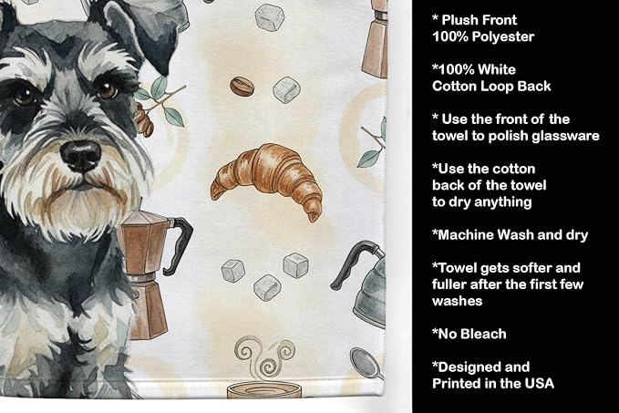 Caroline's Treasures Black & Silver Miniature Schnauzer Coffee Bar Kitchen Towel Velour Plush Front and Cotton Loop Back Machine Washable
