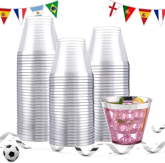 I00000 100PCS Silver Plastic Cups,9 oz Clear Plastic Cups with Silver Trim, Heavy-Duty Disposable Hard Cup For Party, Premium Cup Perfect for Wedding & Party