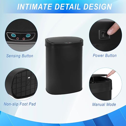 24/7 Shop at Home Freeway 13 Gallon Metal Household Trash Can Motion Sensor Lid for Kitchen, Black