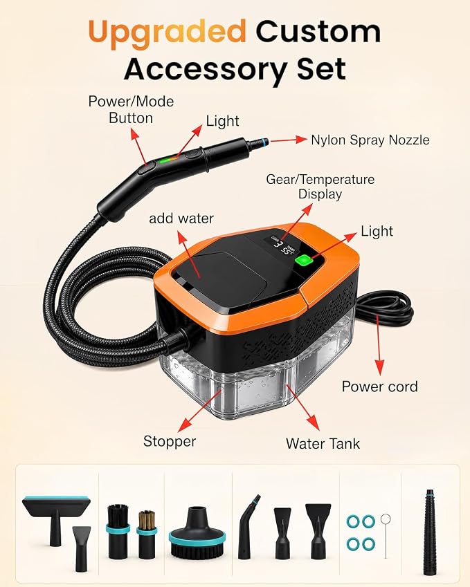 Steam Cleaner for Home & Car – Handheld Steamer for Cleaning with 2500W High Temperature, 3 Modes, 12 Accessories & 1.8L Large Tank, Portable Steam Cleaner for Couch, Grease, Kitchen, Bathroom, Car