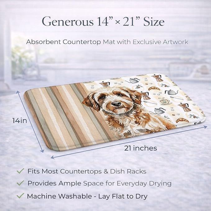 Caroline's Treasures Lagotto Romagnolo Coffee Bar Dish Drying Mat Absorbent Dish Drying Mat Pad for Kitchen Counter Dish Drainer Mat for Countertop, 14 x 21", Multicolor