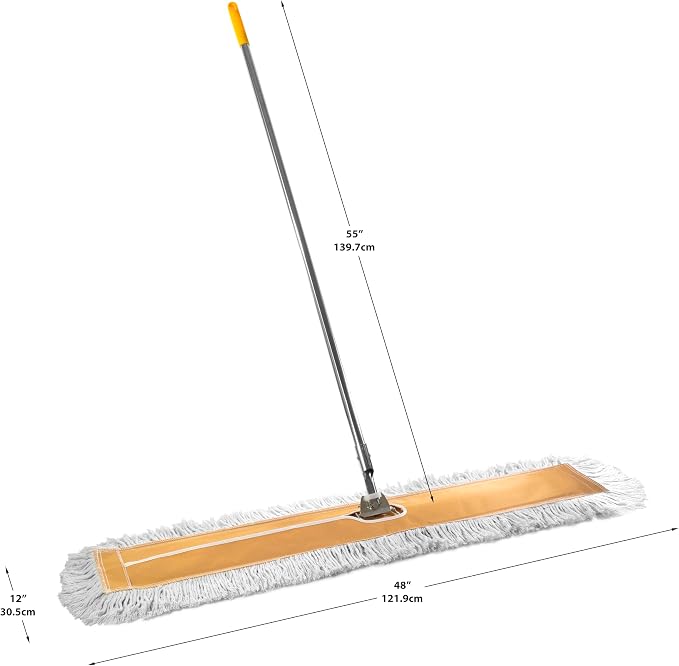 Commercial Dust Mop 48 Inch - Industrial Floor Dust Mop with Aluminum Handle - Reusable Washable Cotton Mop Head for Hardwood Tile Laminate Vinyl Floors - Dry Mop for Janitorial Cleaning