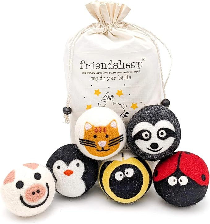Friendsheep Wool Dryer Balls, Organic Reusable Fabric Softener Alternative for Laundry, Handmade, Fair Trade, Hypoallergenic, Eco-Friendly, Plastic-Free (6 Pack XL – Critter Camp)