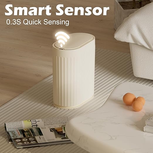 ELPHECO 2 Gallon Sensor Trash Can - IPX5 Waterproof Motion Sensor Trash Can, Automatic Bathroom Trash Bin, Slim Garbage Can for Bathroom, Office, Bedroom, Living Room, Beige