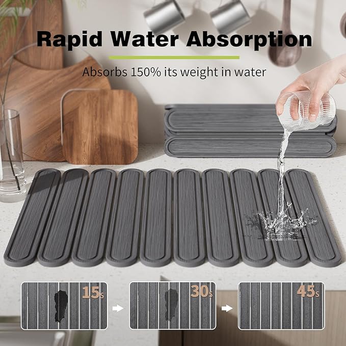Stone Dish Drying Mat for Kitchen Counter, Quick Dry Stone Mat Kitchen for Dishes Bottles Cups, Large Foldable Diatomaceous Earth Dish Drying Mats Mat