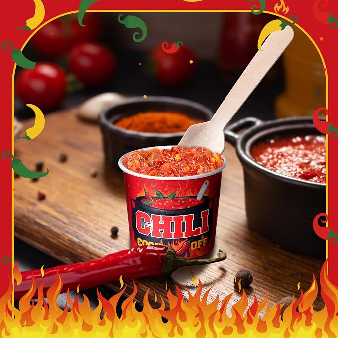 Teenyyou 400 Pcs Chili Cook off Party Decorations, 200 Pcs 2 oz Mini Chili Cookoff Paper Cups and 200 Wooden Spoons Pepper Cook off Parties Decorations for Competition Prize Party Cooking Supplies