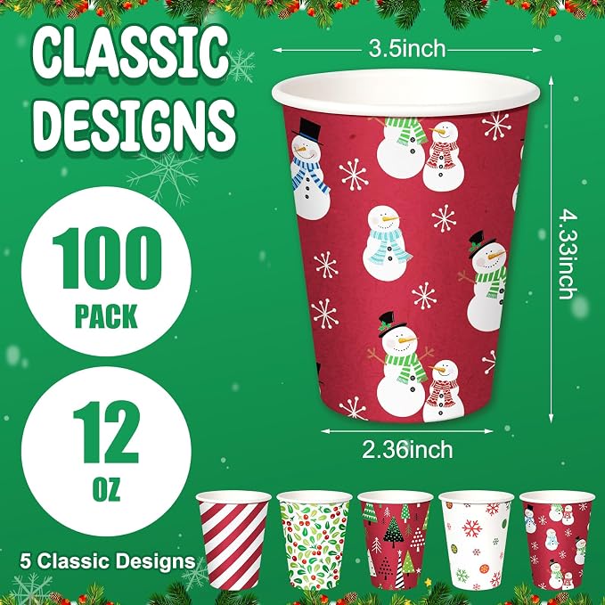 Hallswl 100 Pieces 12 oz Christmas Paper Cups with Lids, Disposable Coffee Cups for Cold Beverage Hot Drinking,Snowflake Tree Stripes Holly Berry Snowman Pattern Cup for Christmas Decorations