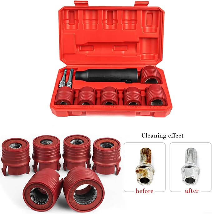 9 Piece Automotive Wheel Stud Cleaner Tool Set for Removing Rust and Debris, Includes 1/4-inch Hex to 1/2-inch Square Adapter to Allow for Use with Drills and Pneumatic Tools
