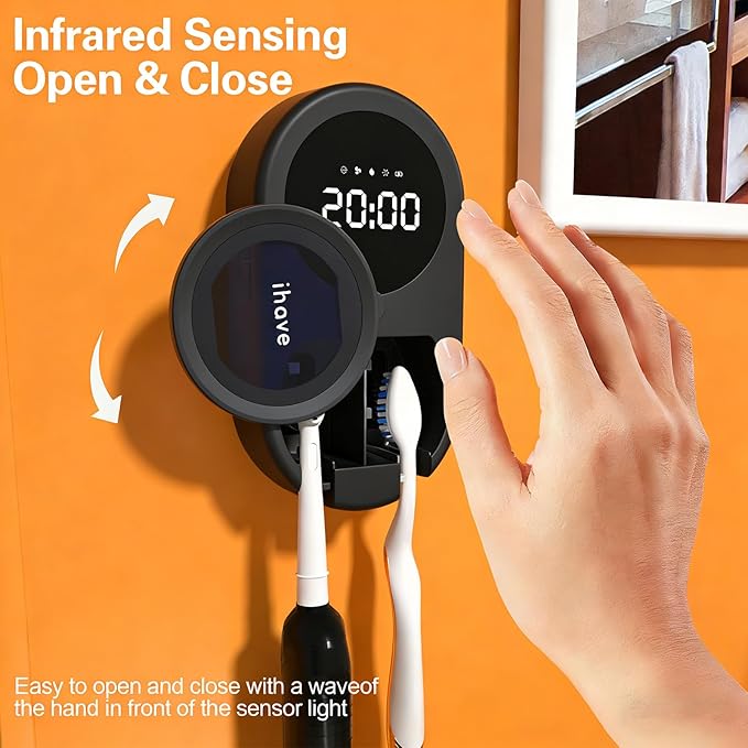 iHave UV Toothbrush Sanitizer Holder 2 Slots Wall Mounted Wave Sensor Auto | UVC+Ion 360 Dual Disinfection (No Dead Zone) • 4H Auto-Cycle (Bacteria Regrow in 4-8H) • Heat & Fan Drying • LED Time Display