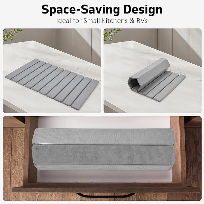 Stone Dish Drying Mats for Kitchen Counter, 24"(L)×16"(W), Drying Collapsible Dish Drying Mat, Eco-Friendly Absorbent Diatomaceous Earth Mats for Dishes Bottles Cups, Match Any Countertop