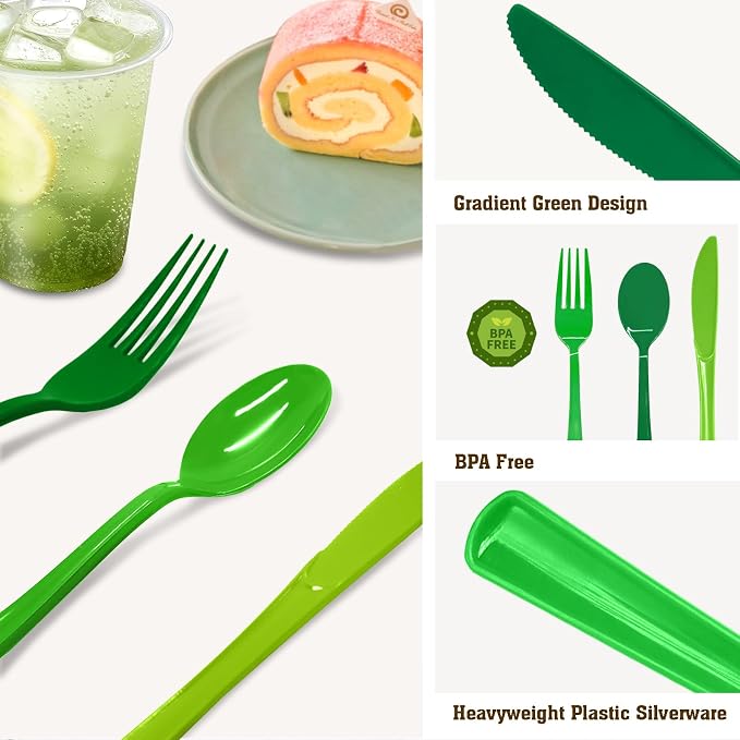180 PCS Gradient Green Plastic Silverware Heavy Duty Green Cutlery Disposable Set Include 60 Forks, 60 Knives, 60 Spoons for Birthday, Graduation Party, Christmas, St. Patrick's Day
