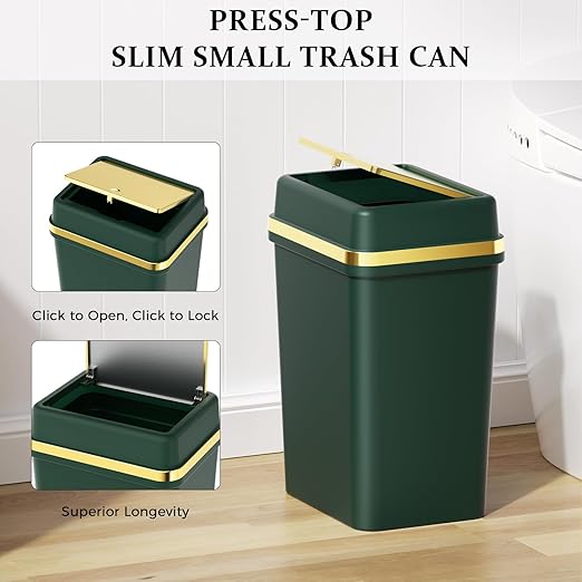 Bathroom Trash Can with Lid 4 Gallon Dark Green Trash Can with Press Top Lid Bedroom Trash Can Small Garbage Can with 150 Counts Trash Bags for Small Bathroom Bedroom Office