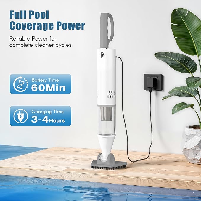 Powerful Pool Vacuum for Above Ground Pool, 16 GPM Handheld Spa Hot Tub Vacuum with Extra Long 98.4" Extendable Pole, 60Mins Cordless Rechargeable Cleaner for Inflatable Pools, Steps, Sand & Debris