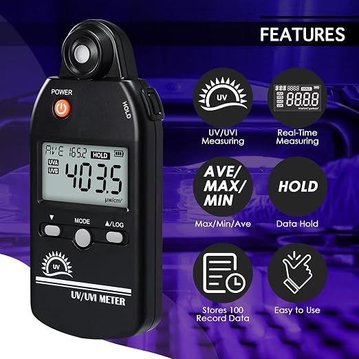 UV Meter Digital UVB Meter, 280-400 nm UV Index Meter with UV and UVI Switchable, 0-5000 μW/cm² Measuring Range UV Detector with 100 Groups Data Record, UV Index Meter for Reptiles, etc.