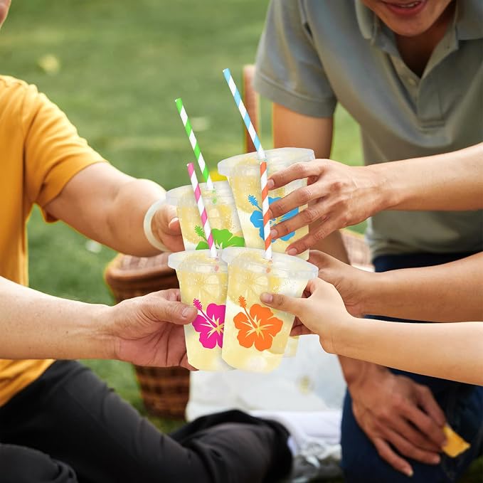 Whaline 60Pcs 12 Oz Hibiscus Floral Disposable Plastic Cups with Lids and Straws Colorful Summer Hawaiian Flower Cold Beverage Drinking Cups for Beach Tropical Luau Party Supplies