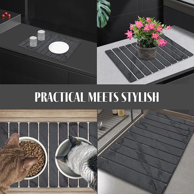 2 PCS Stone Dish Drying Mat for Kitchen Counter, 24"×16" Dark Gray, Fast Drying Collapsible Dish Drying Mat, Eco-Friendly Absorbent Diatomaceous Earth Mats for Match Countertop ( 24"×16" & 8"x4")