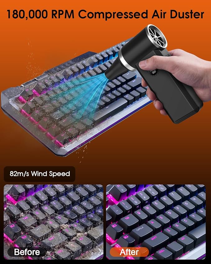 Superpower Electric Air Duster-180000RPM Brushless Cordless Air Duster, 8000mAH, 45W Fast Charge, 4-Speeds. Durable Mini Dust Blower for Computer, Keyboard, Outdoor, House and Car Cleaning