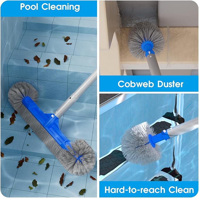 TidyMister Pool Brush Set - 20’’ 2-in-1 Detachable Round Brush with Extra Side Brush for Cleaning Hard-to-Reach Corners, 9 FT Aluminum Extended Pool Pole with Hidden Hook Retriever