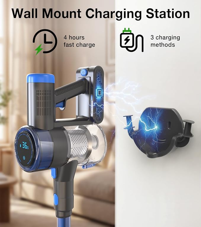 Cordless Vacuum Cleaner, 480W/45Kpa Vacuum Cleaners for Home, Self-Standing Stick Vacuum with LED Display, Anti-Tangle & Wall Mount Charging, 8 in 1 Lightweight Vacuum for Hard Floors Carpet Pet Hair