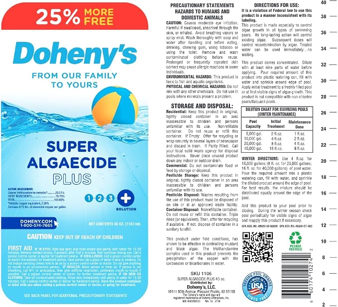 Doheny's Super Algaecide Plus | Pro-Grade | Effective Against Most Algae Types | 7.1% Chelated Copper (Chelated to Reduce Staining) | Non-Foaming, No Clouding | Safe to Swim After Use | 40oz Bottle