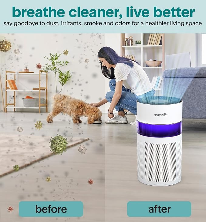 SereneLife Portable Air Purifier | Small Air Purifier For Home, Allergies, Pet Hair & Bedrooms | Filter Change Reminder & Aroma Box | Filtration Removes Dust, & Smoke Odor | Timer & Sleep Mode | White