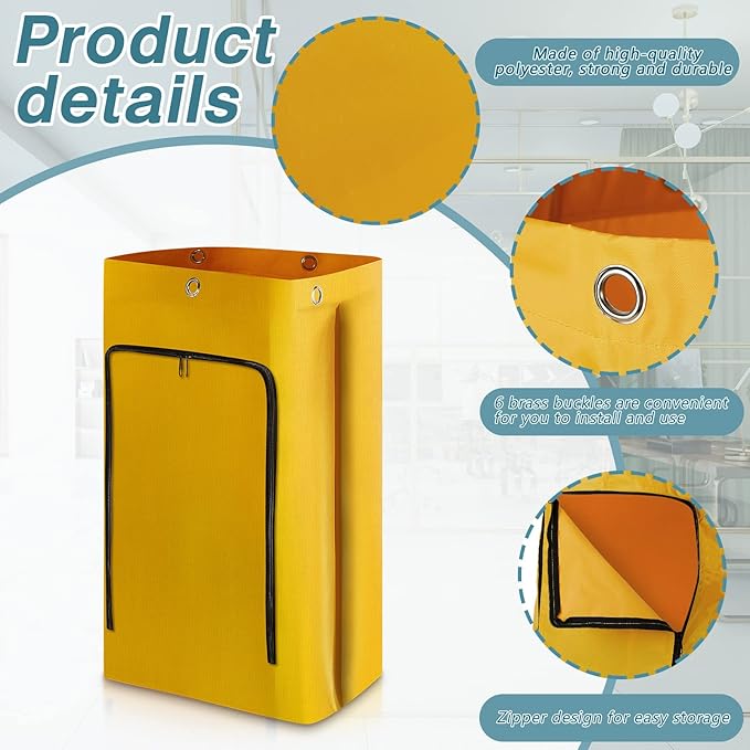 Meanplan 1 Pack Cleaning Cart Bag Zippered Front Replacement Janitorial Cart Thick Bag Large Capacity Commercial Cleaning Bags for Housekeeping Carts, Yellow (33 x 16.8 x 10.5 Inch)