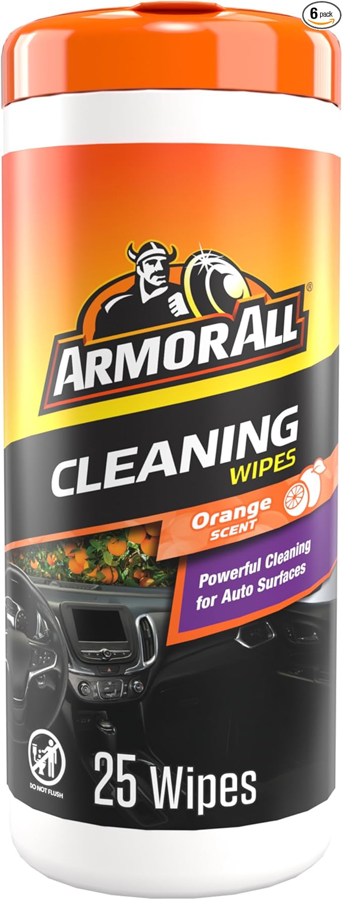 Armor All Car Interior Cleaner Wipes, Car Cleaning Wipes with Orange Cleans Dirt and Dust in Cars, Trucks and Motorcycles, 25 Count (Pack of 6)