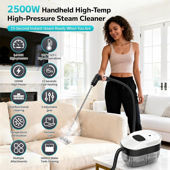 Pressurized Handheld Steam Cleaner 2500W, Portable Steamer for Cleaning | 15s Heat-Up, 54oz Large Tank, 3-Level Adjustable Steam With 16pcs Accessories for Home, Car, Tile, Grout, Furniture