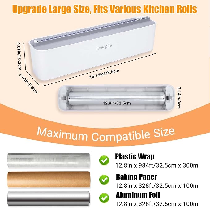 Large Magnetic Plastic Wrap and Foil Dispenser with Cutter | Magnetic & Adhesive Mounting, Fits for Max 12.8In x 984Ft of Plastic Wrap, 12.8In x 328Ft of Foil & Parchment Paper