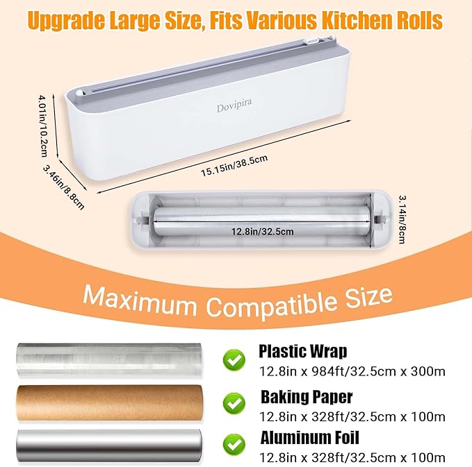 2 Pack Large Magnetic Plastic Wrap and Foil Dispenser with Cutter | Magnetic & Adhesive Mounting, Fits for Max 12.8In x 984Ft of Plastic Wrap, 12.8In x 328Ft of Foil & Parchment Paper