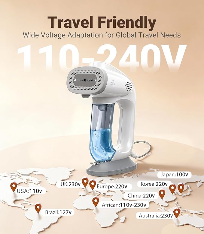 Steamer for Clothes, 110-240V Travel Steamer with 2500Pa Vacuum Suction, NTC Control, Burst Steam, 30% Quick Wrinkle Removal, Portable Handheld Steamer＆Iron 2 In 1 for Travel and Home Use (Grey)