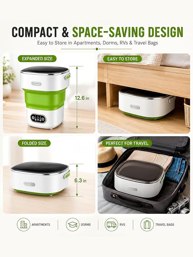 Portable Washing Machine 16L Foldable Mini Washer for Underwear Socks Baby Clothes Small Loads Compact Washer for Apartment Dorm RV Travel (Green)